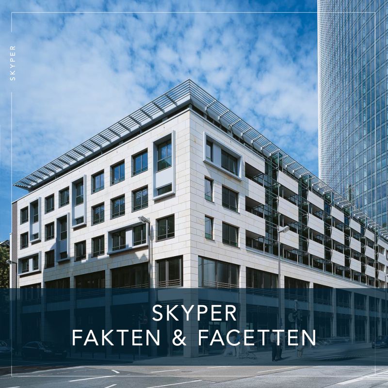 SKYPER Carré im Frankfurter Bankenviertel mit Wohnen und Retail, dahinter der SKYPER Tower als Bürohochhaus