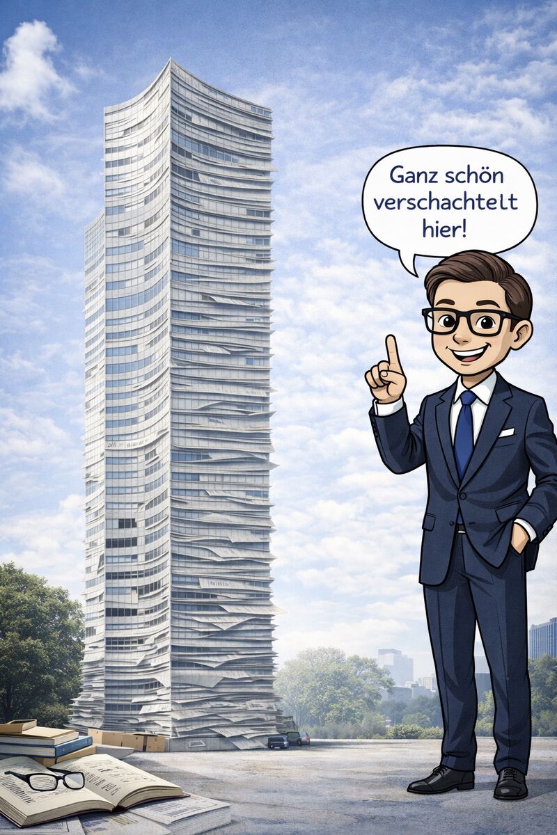 SKYPER Tower in Frankfurt am Main mit komplexer Fassadenstruktur und illustrativer Figur mit Sprechblase